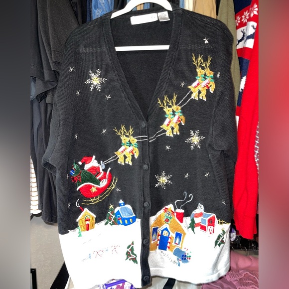 Victoria Jones Santa Sleigh Christmas Black V-Neck Cardigan Sweater Women's 2X - Picture 2 of 9